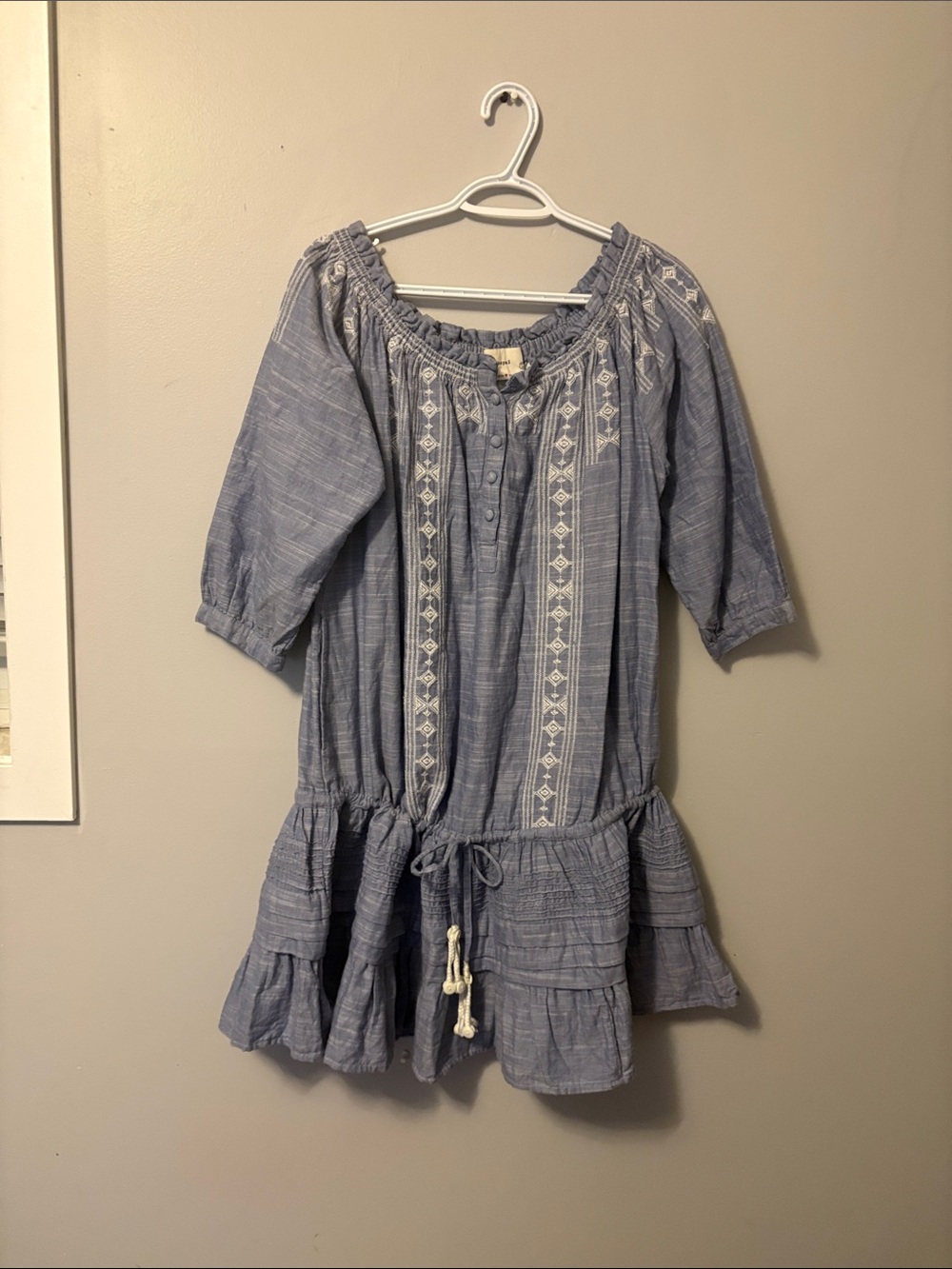 kopal 3/4 sleeve embroidered light blue dress with drop waist tie and ruffles